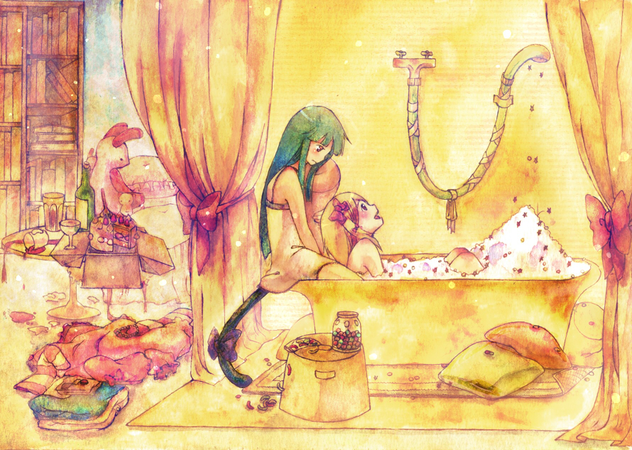 ade_san, bath, blonde_hair, blue_hair, cake, candy, cat_tail, cup