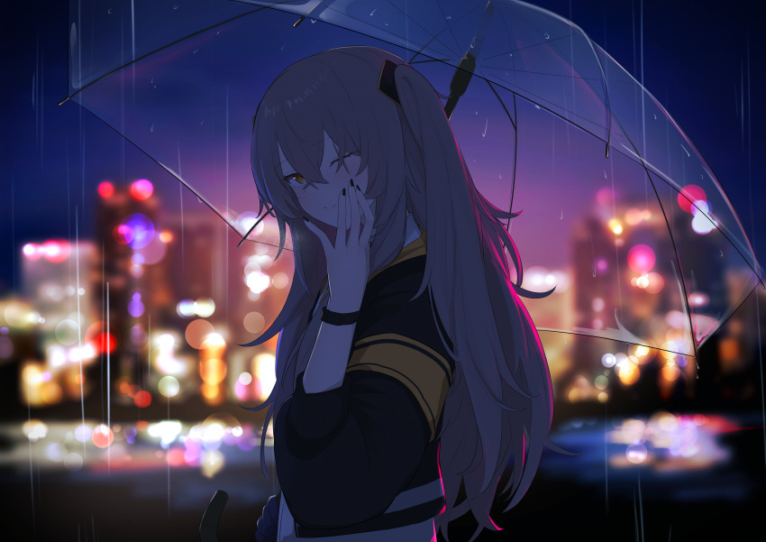 1girl, absurdres, armband, black_jacket, black_nails, blurry, blurry_background, blush