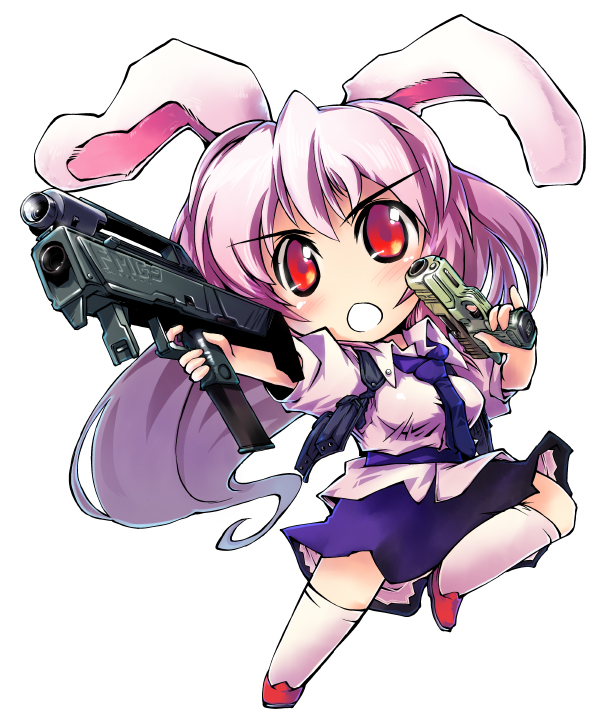 bunny_ears, chibi, dual_wielding, gun, handgun, kuroneko1911a1, lavender_hair, long_hair, machine_pistol, magpul_fmg_9, nanaroku_(fortress76), necktie, pistol, rabbit_ears, red_eyes, reisen_udongein_inaba, socks, solo, springfield_xd, submachine_gun, touhou, very_long_hair, weapon