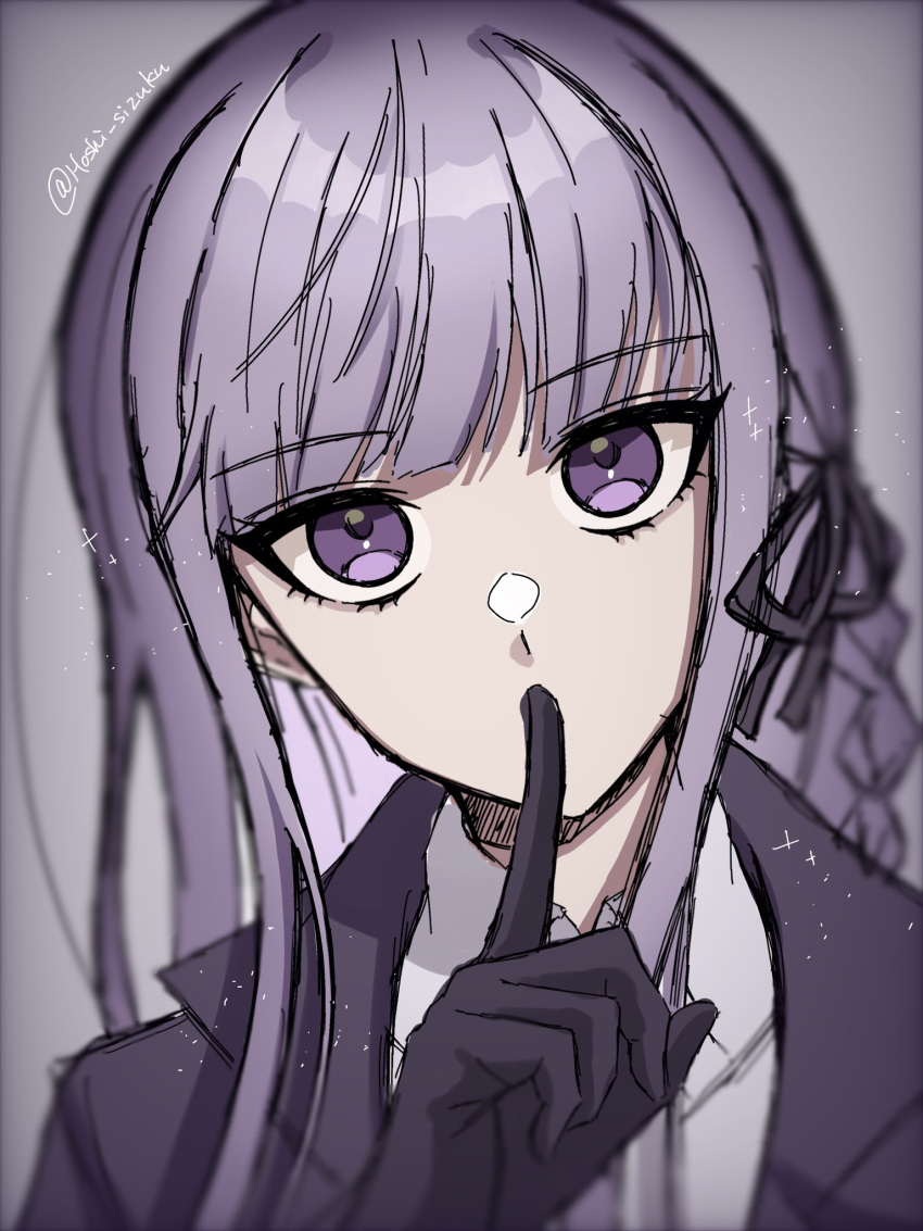 1girl, artist_name, black_gloves, black_jacket, black_ribbon, blunt_bangs, collared_shirt, danganronpa:_trigger_happy_havoc