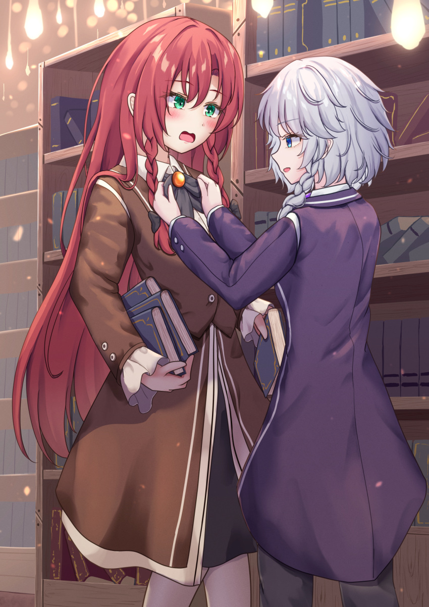 adjusting_bowtie, alternate_costume, book, bookshelf, bow, bowtie, braid, brown_jacket