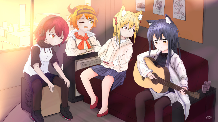 absurdres, acoustic_guitar, animal_ears, arknights, cajon, croissant_(arknights), exusiai_(arknights), guitar, highres, instrument, multiple_girls, non-web_source, open_mouth, penguin_logistics_(arknights), short_hair, sora_(arknights), texas_(arknights), wolf_ears