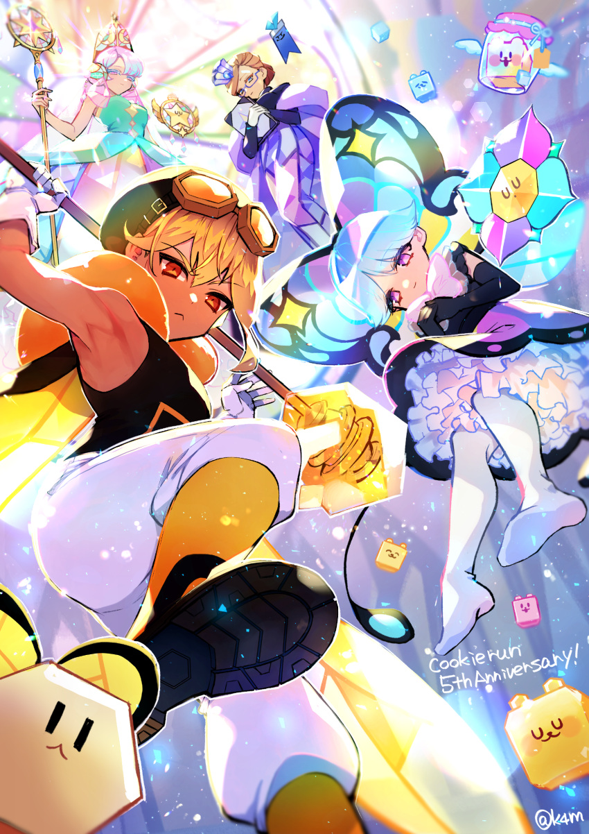1boy, 3girls, :<, amber_sugar_cookie, anniversary, aqua_dress, aqua_hair, bare_shoulders