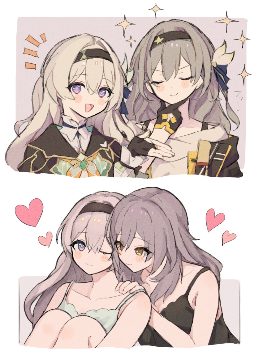 2girls, anaketsu, black_gloves, black_jacket, blush, closed_mouth, firefly_(honkai:_star_rail), gloves, grey_hair, hair_between_eyes, highres, honkai:_star_rail, honkai_(series), jacket, long_hair, multiple_girls, open_mouth, shirt, simple_background, smile, stelle_(honkai:_star_rail), trailblazer_(honkai:_star_rail), yellow_eyes