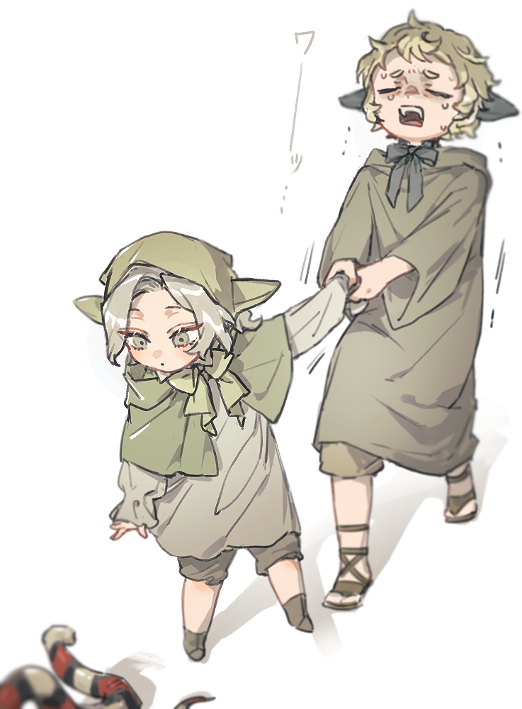 2boys, aged_down, animal, black_bow, black_bowtie, blonde_hair, blurry, boots