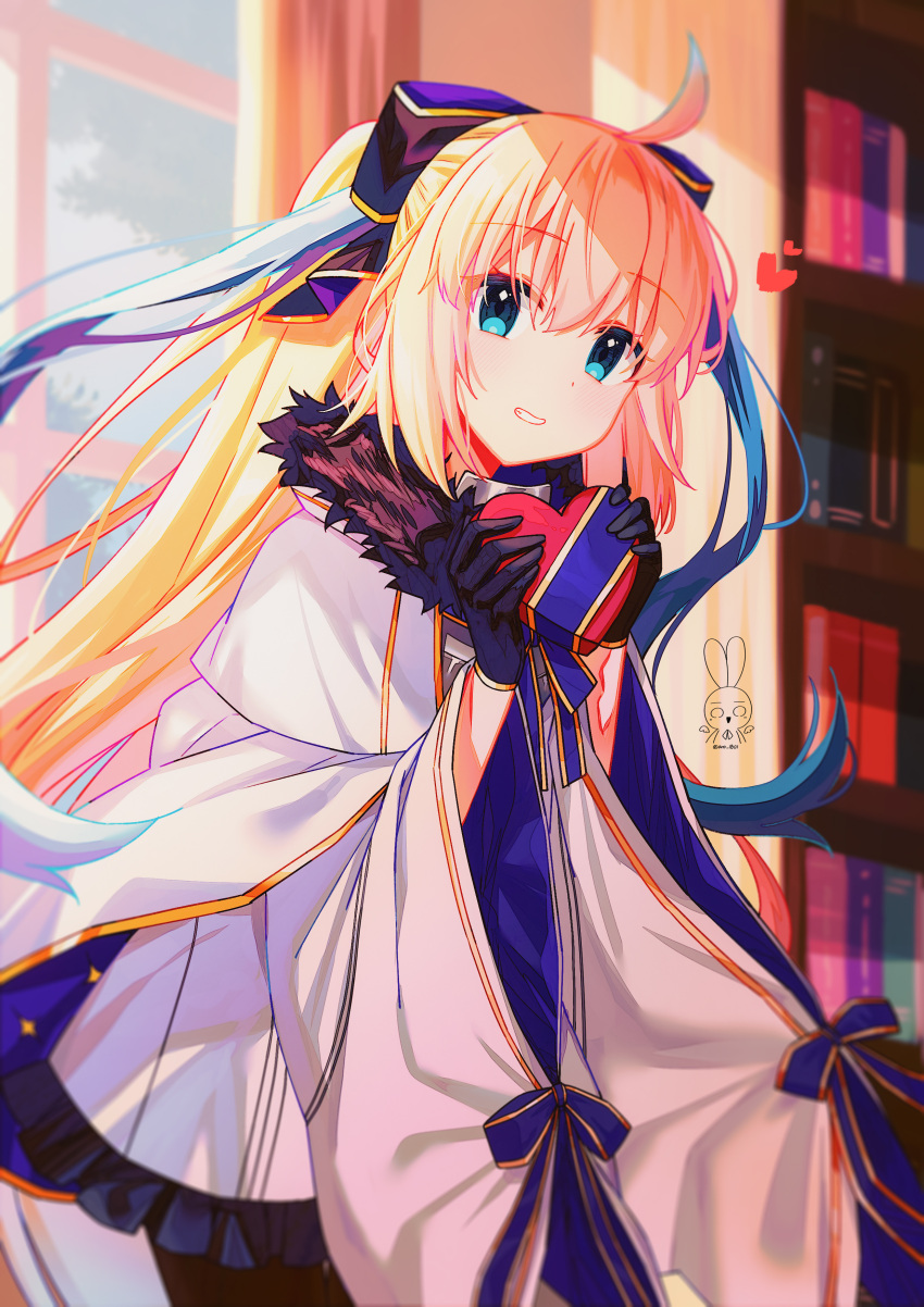 1girl, absurdres, ahoge, aro_1801, black_gloves, blonde_hair, blue_eyes, bookshelf