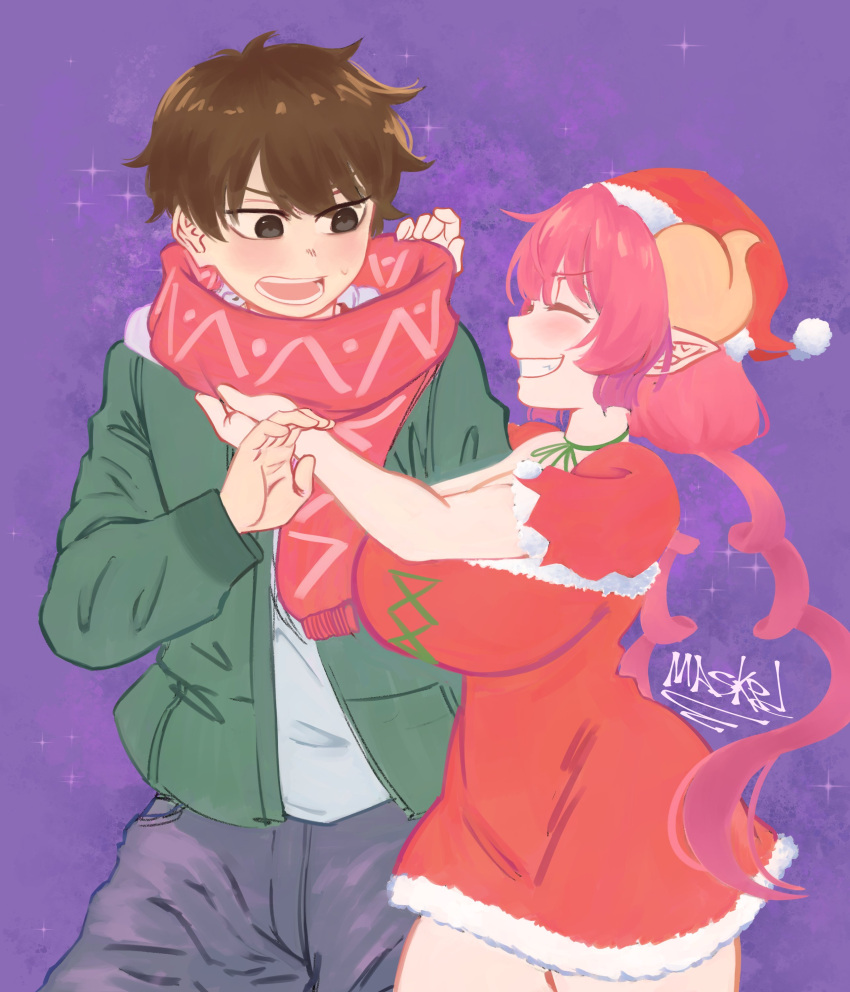 1boy, 1girl, absurdres, aida_taketo, blush, breasts, brown_hair, christmas, closed_eyes, coat, cowboy_shot, dragon_horns, dress, gradient_hair, grin, hat, height_difference, hetero, highres, horns, ilulu_(maidragon), kobayashi-san_chi_no_maidragon, large_breasts, looking_at_another, masked_ink, multicolored_hair, open_mouth, pants, purple_background, redhead, santa_dress, santa_hat, scarf, short_dress, short_hair, signature, smile, sparkle, twintails, v-shaped_eyebrows, winter