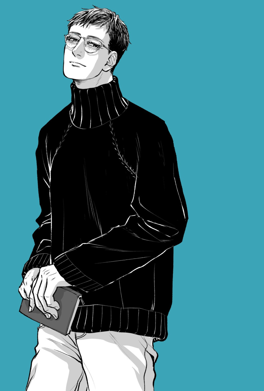 1boy, 3kaku_mimi, bespectacled, blue_background, book, casual, glasses, golden_kamuy