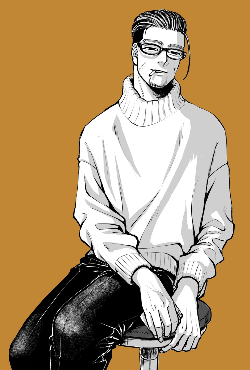 1boy, 3kaku_mimi, bespectacled, casual, cigarette, facial_hair, glasses, golden_kamuy, hair_slicked_back, highres, long_sleeves, looking_at_viewer, male_focus, monochrome, mouth_hold, ogata_hyakunosuke, orange_background, pants, scar, scar_on_cheek, scar_on_face, short_hair, sitting, solo, stool, stubble, sweater