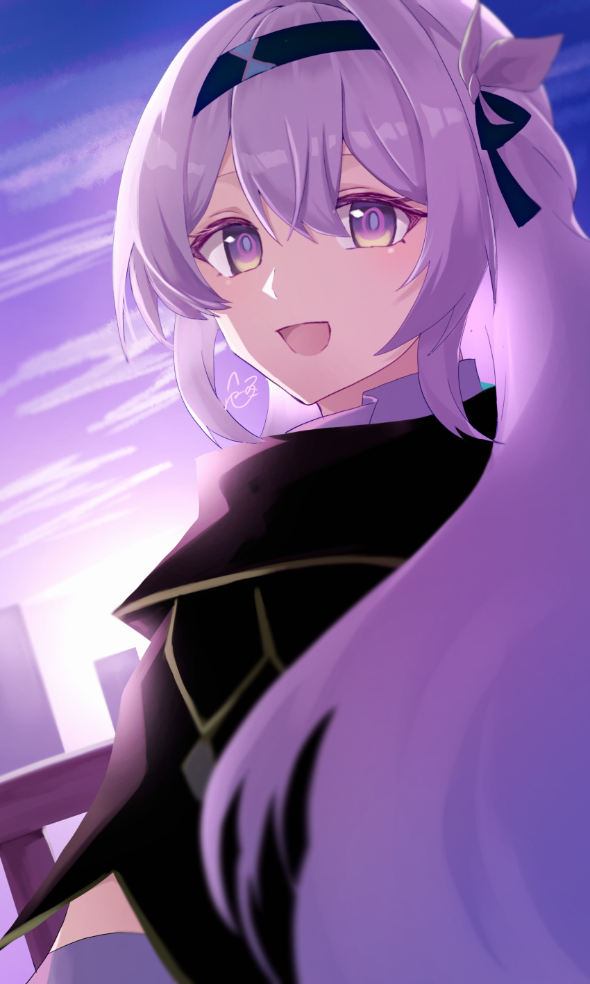 1girl, :d, absurdres, black_hairband, black_jacket, blush, bow, clouds