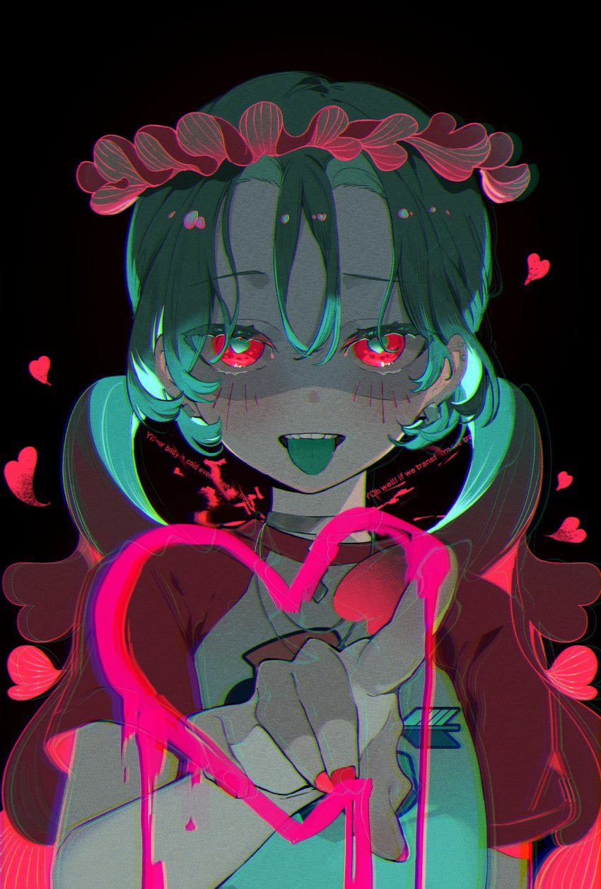 1girl, aqua_hair, black_background, blue_tongue, colored_skin, colored_tongue, commentary, dot_nose
