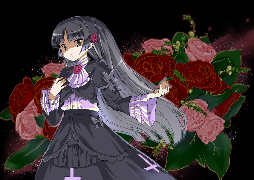 black_hair, bouquet, bow, cross, dress, flower, frills, gokou_ruri