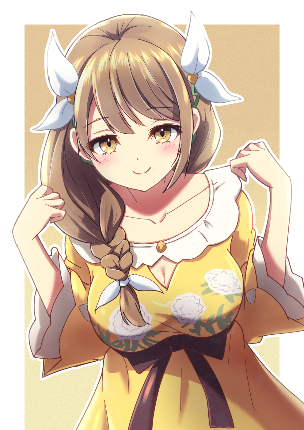 1girl, braid, breasts, brown_hair, dress, fire_emblem, fire_emblem_engage, goldmary_(fire_emblem), highres, large_breasts, looking_at_viewer, minamonochaba, official_alternate_costume, single_braid, solo, upper_body, yellow_dress, yellow_eyes