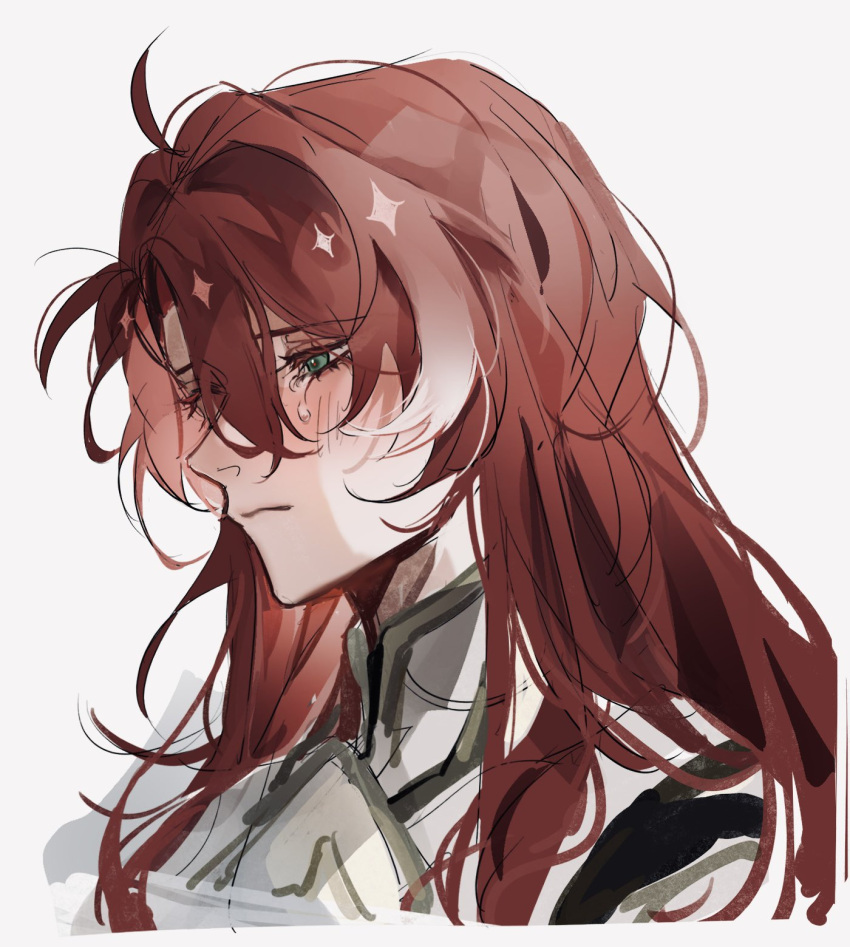 1boy, argenti_(honkai:_star_rail), armor, blush, closed_mouth, cropped_torso, crying, cuirass, curtained_hair, green_eyes, hair_between_eyes, highres, honkai:_star_rail, honkai_(series), knight, long_hair, oryunbunkosu, redhead, sad, solo, tears, upper_body, white_armor, white_background