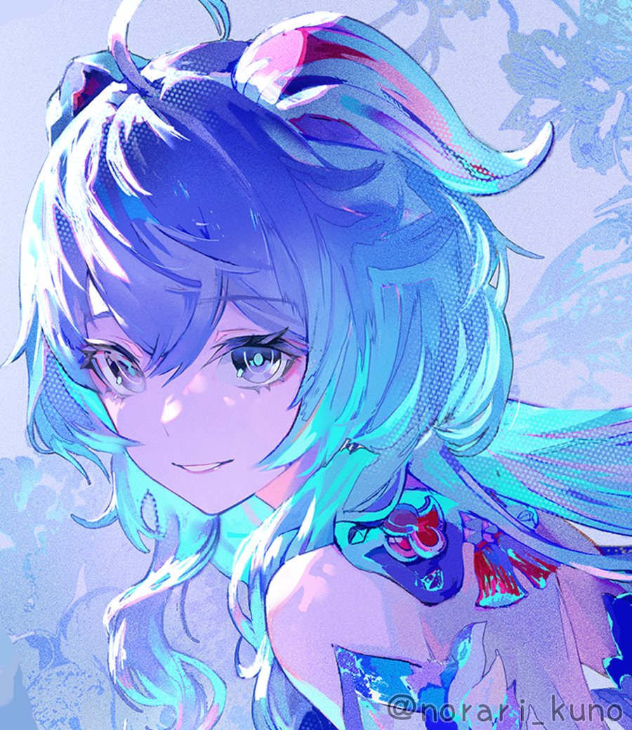 1girl, ahoge, artist_name, bare_shoulders, blue_eyes, blue_hair, bow, close-up, detached_sleeves, from_side, ganyu_(genshin_impact), genshin_impact, horns, long_hair, looking_at_viewer, looking_back, low_ponytail, norari_kuno, sidelocks, smile, solo, upper_body, white_sleeves