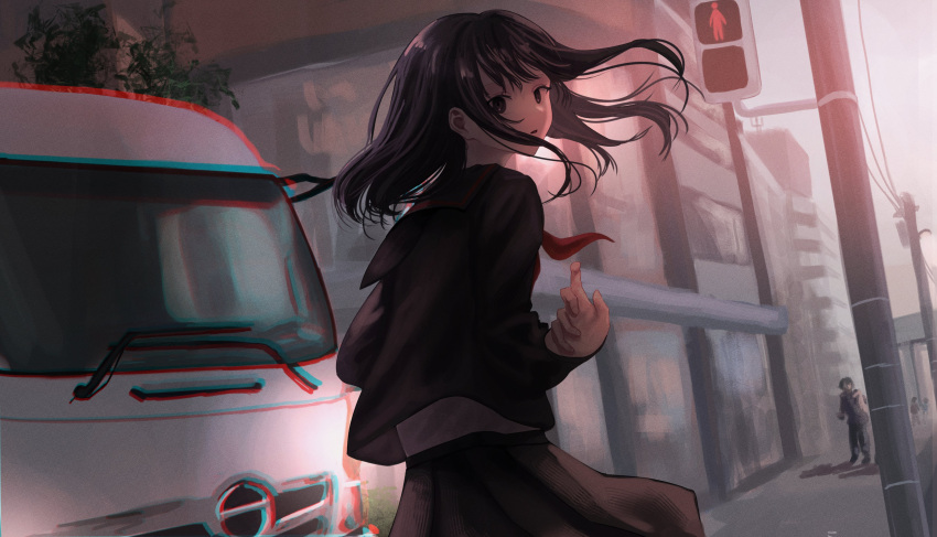 1girl, 3others, absurdres, ascot, black_eyes, black_hair, black_serafuku, black_shirt