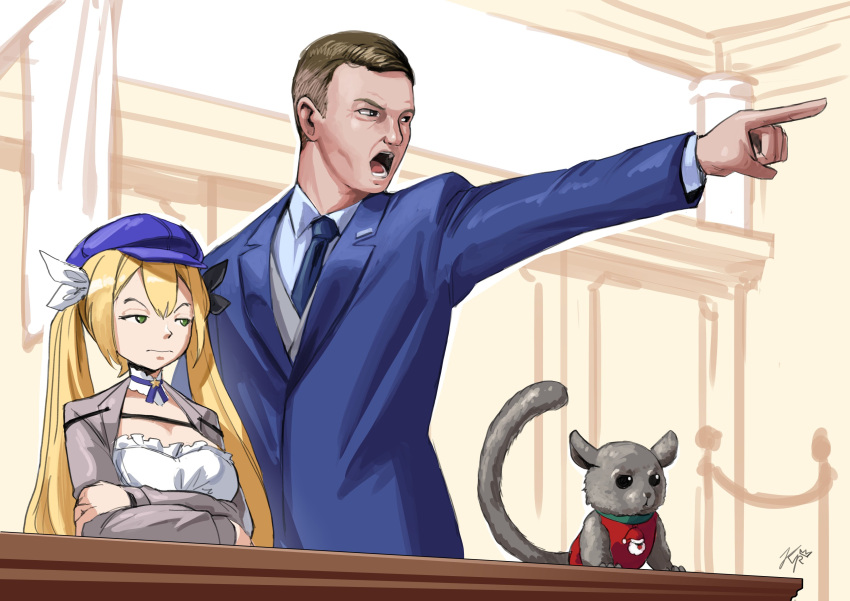 1boy, 1girl, absurdres, ace_attorney, blonde_hair, blue_headwear, blue_suit, brown_eyes
