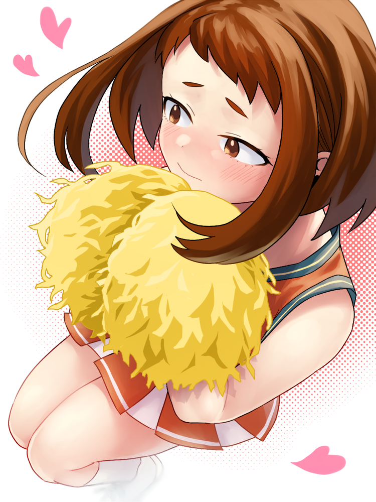 1girl, bitou, boku_no_hero_academia, brown_eyes, brown_hair, cheerleader, embarrassed, from_above