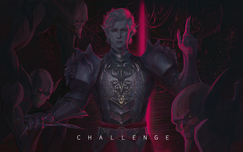 4boys, alternate_costume, armor, astarion, backlighting, baldur's_gate, baldur's_gate_3, belt, breastplate, cowboy_shot, crying, crying_with_eyes_open, dagger, dungeons_and_dragons, gauntlets, ghoul, glowing, glowing_eyes, grey_hair, hand_up, highres, holding, holding_dagger, holding_knife, holding_weapon, index_finger_raised, knife, looking_at_viewer, male_focus, monster, multiple_boys, peanut9021, pink_eyes, pointy_ears, realistic, serious, short_hair, solo_focus, standing, straight-on, tears, weapon