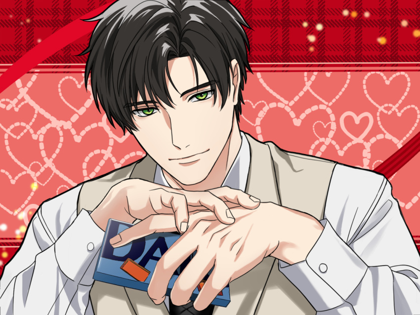 1boy, black_hair, brown_vest, candy, chocolate, chocolate_bar, collared_shirt, dao_(daao_bf)