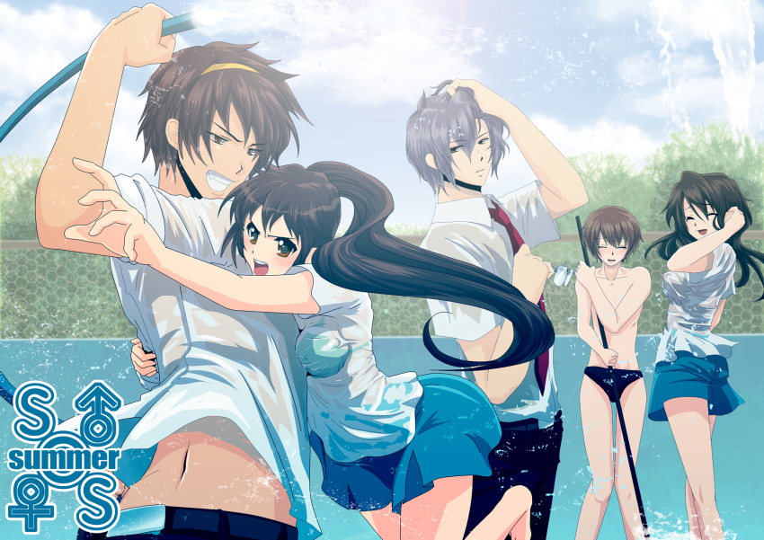 genderswap, highres, hose, koizumi_itsuki_(female), kyonko, nagato_yuuki, okiron, school_uniform