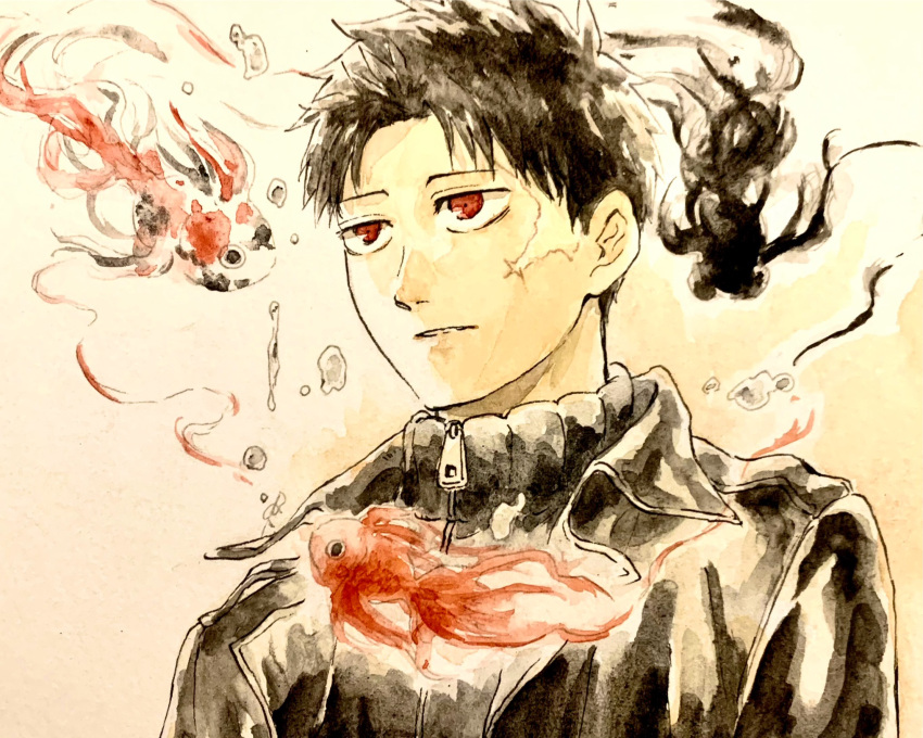 1boy, black_hair, black_shirt, fish, goldfish, highres, kagurabachi, male_focus, nnararagi, red_eyes, rokuhira_chihiro, scar, scar_on_face, shirt, solo, upper_body, zipper