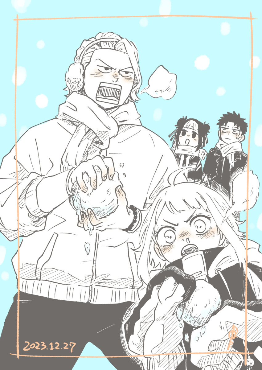 2boys, 2girls, :o, absurdres, ahoge, bead_bracelet, beads, black_hair, blue_background, blush, bracelet, breath, child, coat, double_bun, earmuffs, hair_bun, highres, hinao_(kagurabachi), jewelry, kagurabachi, kyonagi_char, mittens, multicolored_hair, multiple_boys, multiple_girls, nnararagi, open_mouth, outdoors, rokuhira_chihiro, scar, scar_on_face, scarf, shiba_(kagurabachi), simple_background, snowball, two-tone_hair