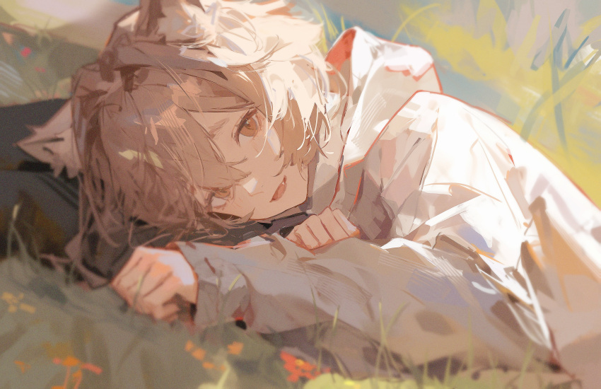 1boy, 96yottea, absurdres, animal_ear_fluff, animal_ears, brown_eyes, brown_hair, brown_hoodie