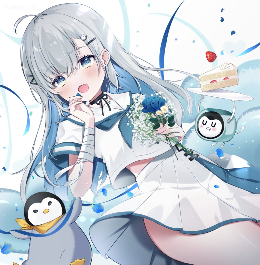 1girl, ahoge, bandaged_arm, bandages, black_ribbon, blue_eyes, blue_flower, blue_hair