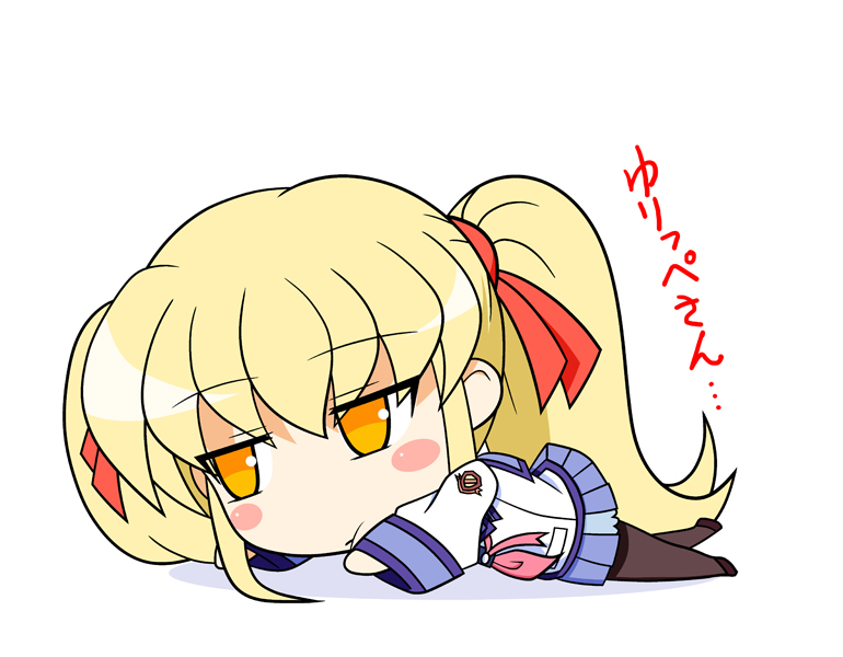 :t, chibi, kaleido_yuki, long_hair, on_stomach, orange_eyes, pantyhose, school_uniform