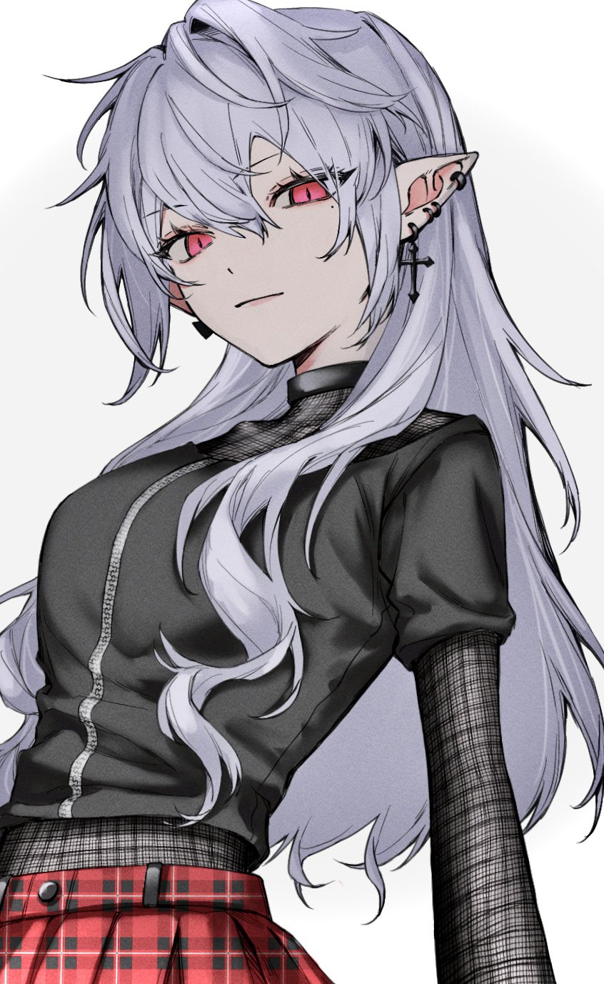 1girl, :|, akami_mgr, black_shirt, breasts, buttons, closed_mouth, cross, cross_earrings, ear_piercing, earrings, highres, jewelry, kuzuha_(nijisanji), large_breasts, long_hair, long_sleeves, looking_at_viewer, nijisanji, piercing, plaid, plaid_skirt, plaid_sleeves, pointy_ears, red_skirt, sanya_(kuzuha), shirt, sidelocks, skirt, solo, upper_body, white_background, zipper