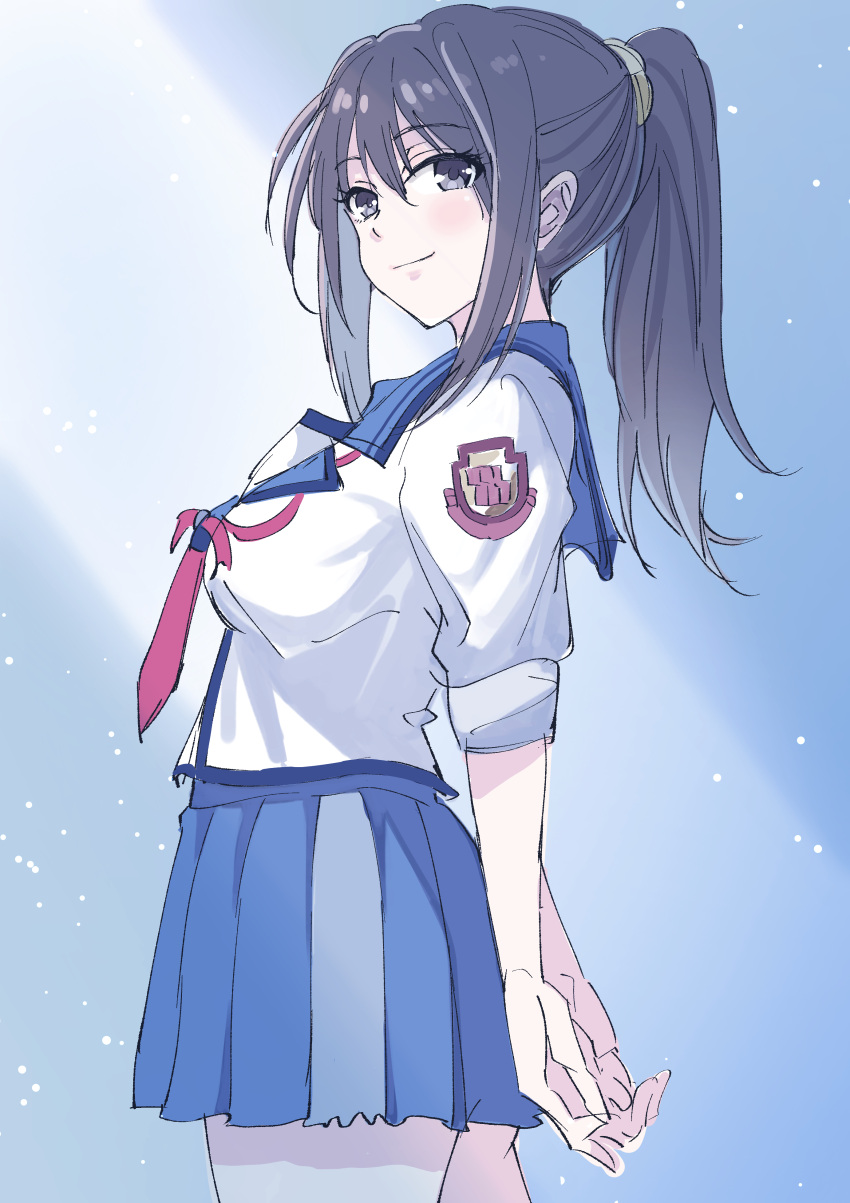 1girl, absurdres, angel_beats!, arms_behind_back, blue_background, blue_sailor_collar, blue_skirt, blush