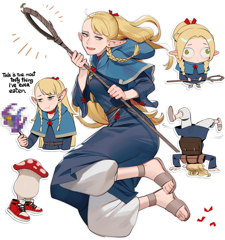 1girl, :t, absurdres, among_us_drip_(meme), backpack, bag, bags_under_eyes, belt, blonde_hair, blue_capelet, blue_robe, braid, breakdance, breasts, brown_belt, capelet, censored, censored_food, chibi, choker, commentary, cropped_torso, dungeon_meshi, eating, elf, english_commentary, english_text, feet, full_body, green_eyes, hair_over_shoulder, hair_ribbon, heart, high_tops, highres, holding, holding_staff, hood, hooded_capelet, lavelis, light_smile, long_hair, long_pointy_ears, long_sleeves, looking_to_the_side, low_twin_braids, mage_staff, marcille_breakdance_(meme), marcille_donato, medium_breasts, meme, multiple_views, notice_lines, pointy_ears, red_choker, red_ribbon, ribbon, robe, sandals, shoes, sidelocks, sneakers, sprout, staff, teeth, toes, twin_braids, upper_teeth_only, very_long_hair, walking_mushroom_(dungeon_meshi), white_background, wide-eyed, wide_sleeves