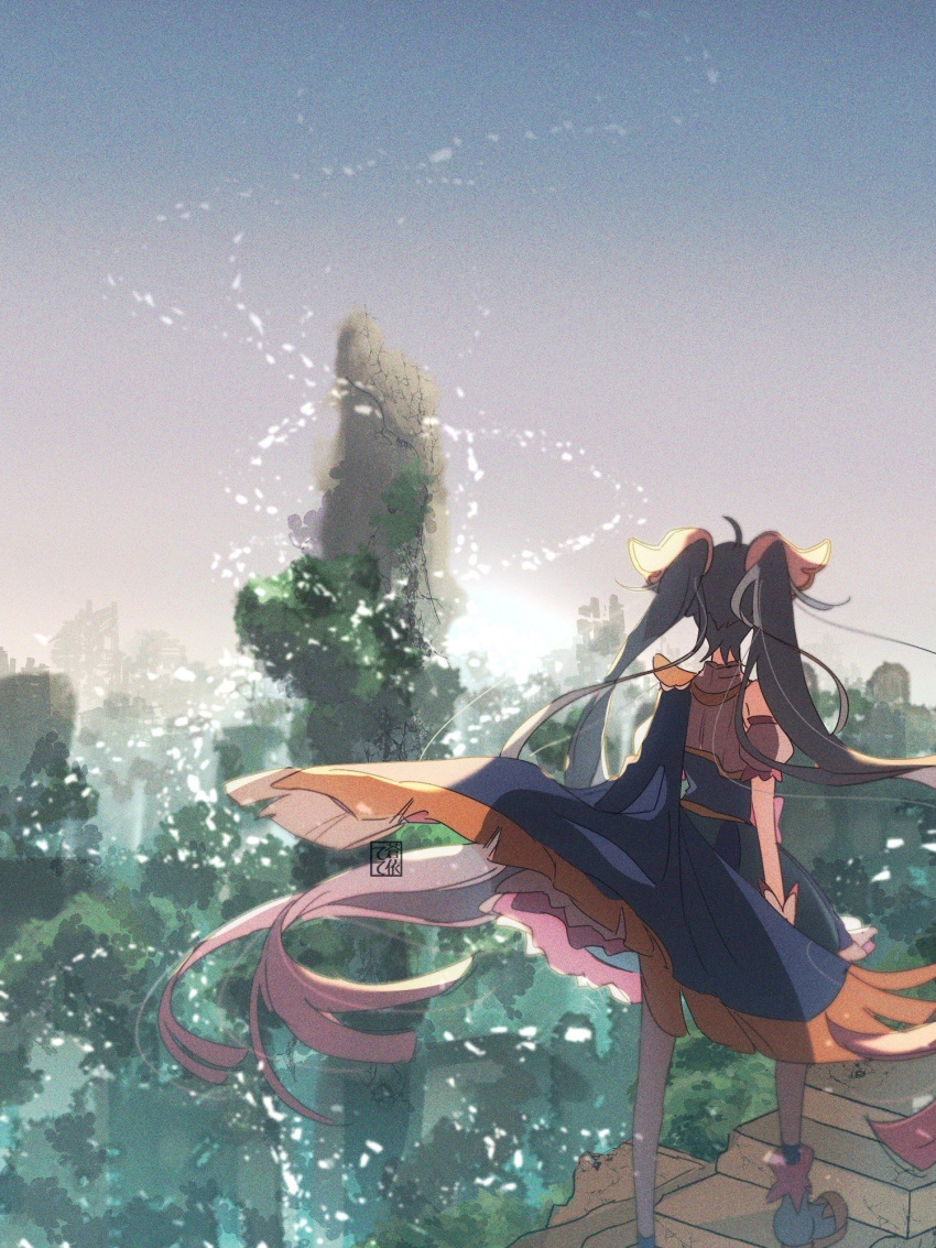 1girl, ahoge, ankle_boots, aoi_tete, artist_logo, blue_cape, blue_dress, blue_footwear