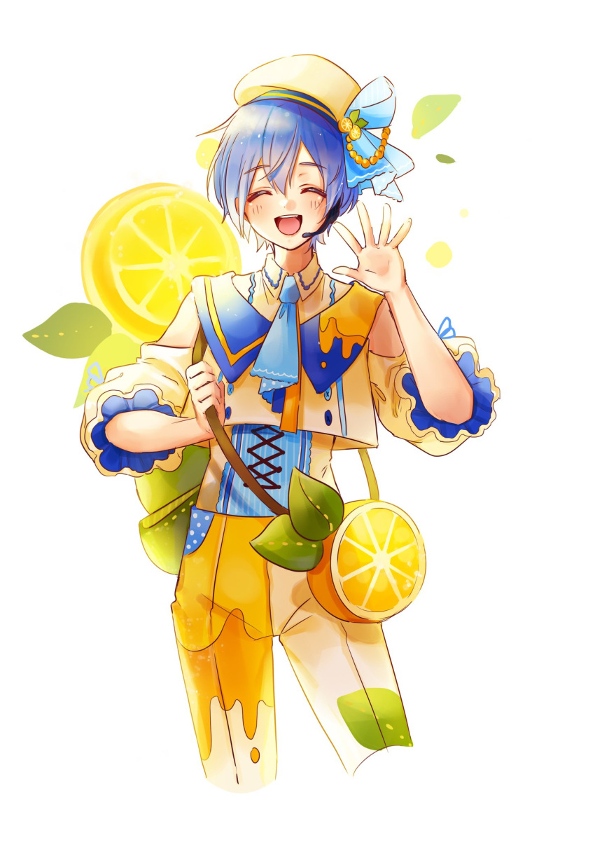 >_<, 1boy, :d, bag, blue_hair, blush, buttons, closed_eyes