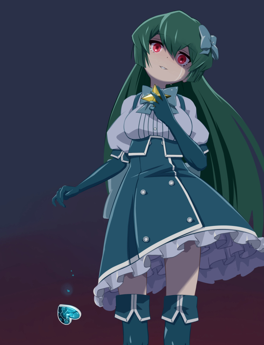 1girl, 32zzz, aqua_gloves, aqua_skirt, blue_bow, blue_bowtie, bow, bowtie