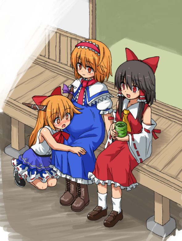 3girls, alice_margatroid, ascot, black_footwear, black_hair, blue_dress, boots, bow