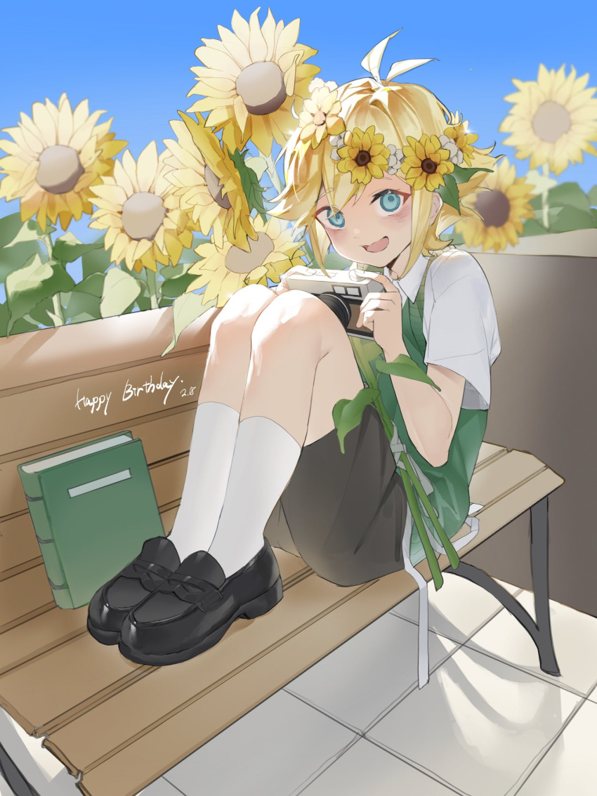 1boy, basil_(faraway)_(omori), basil_(omori), bench, black_footwear, blonde_hair, blue_eyes, blush