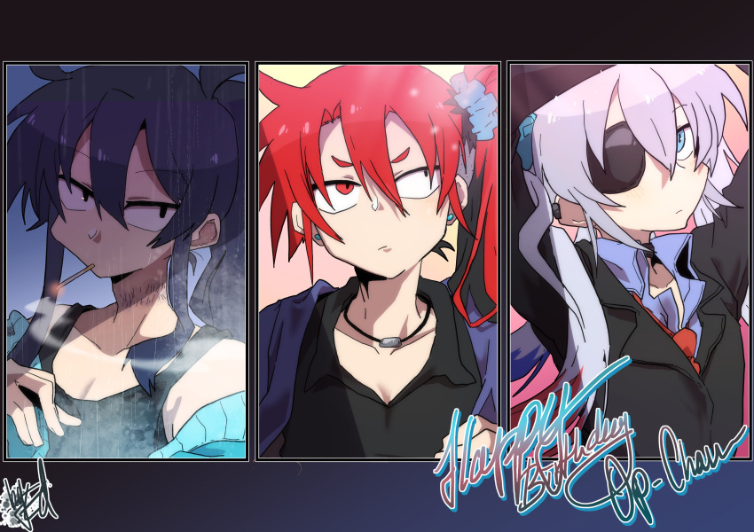 3boys, absurdres, aqua_jacket, black_eyes, black_shirt, black_suit, blue_background, blue_eyes