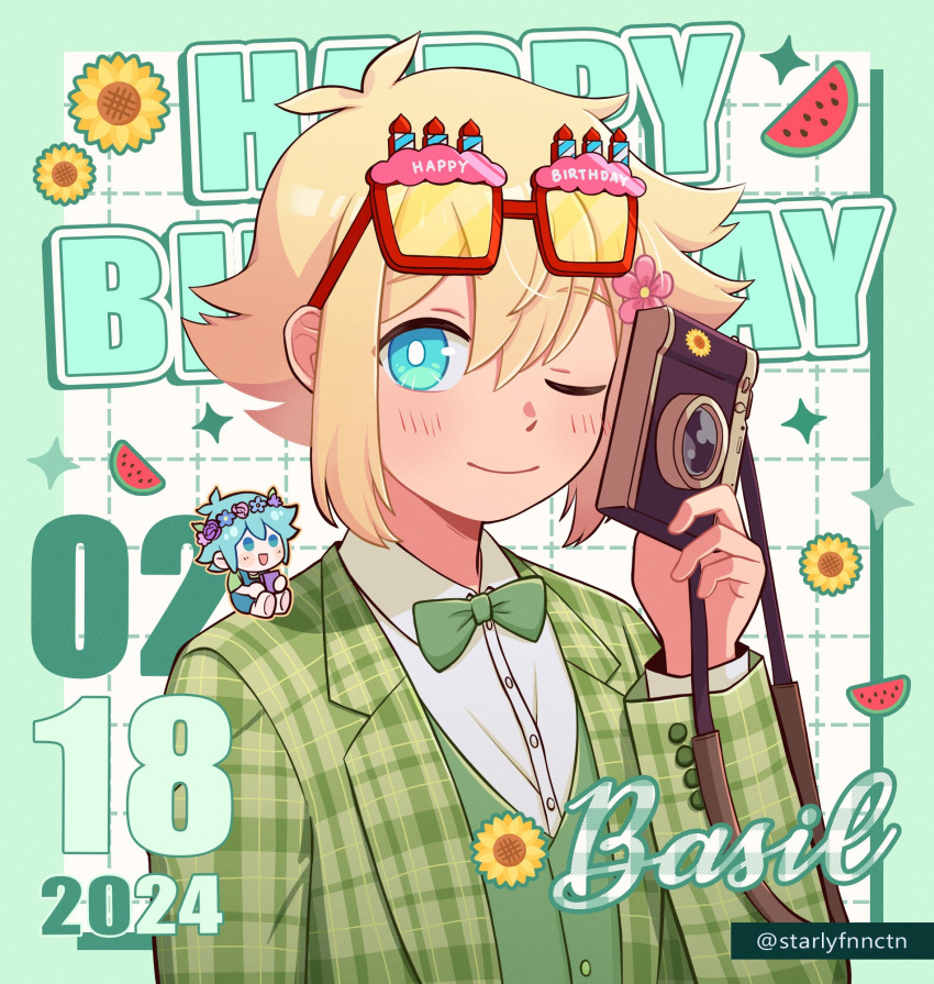 2boys, alternate_costume, artist_name, basil_(faraway)_(omori), basil_(headspace)_(omori), basil_(omori), blonde_hair, blue_eyes, blush, bow, bowtie, camera, character_name, closed_mouth, dated, eyewear_on_head, green_bow, green_bowtie, green_eyes, green_hair, happy_birthday, highres, holding, holding_camera, long_sleeves, looking_at_viewer, multiple_boys, omori, one_eye_closed, red-framed_eyewear, smile, starlyfnnctn, tinted_eyewear, yellow-tinted_eyewear