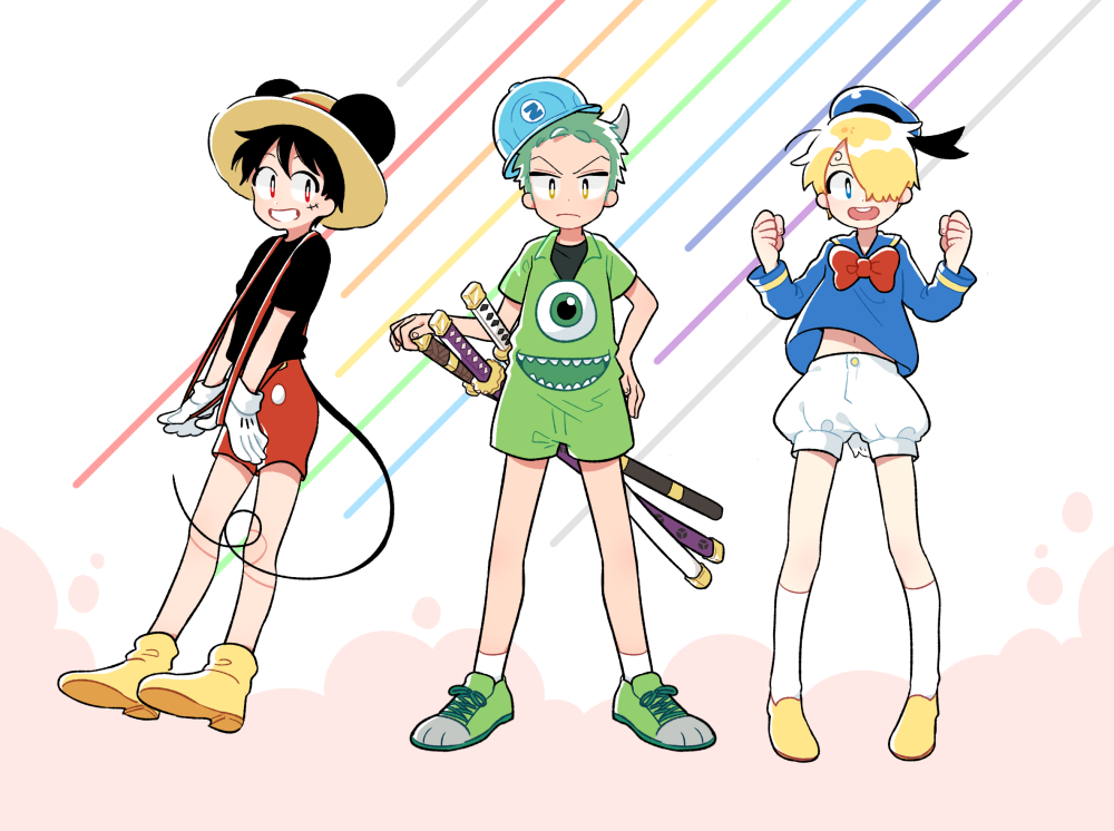 3boys, aged_down, animal_ears, ankle_socks, bird_boy, bird_tail, black_hair, black_shirt, blonde_hair, blue_eyes, bow, bowtie, child, clothes_pull, clothing_request, commentary, cosplay, curly_eyebrows, disney, donald_duck, donald_duck_(cosplay), expressionless, flats, gloves, green_eyes, green_footwear, green_hair, hair_over_one_eye, hand_on_own_hip, hand_on_weapon, hands_up, hard_hat, hat, helmet, horns, kneehighs, laces, long_bangs, mickey_mouse, mickey_mouse_(cosplay), mike_wazowski, mike_wazowski_(cosplay), mob0322, monkey_d._luffy, monsters_inc., mouse_boy, mouse_ears, mouse_tail, multiple_boys, multiple_swords, one_piece, open_mouth, overalls, puffy_shorts, red_bow, red_bowtie, red_eyes, red_overalls, roronoa_zoro, sailor_collar, sailor_hat, sailor_shirt, sanji_(one_piece), scar, scar_on_cheek, scar_on_face, sharp_teeth, shirt, shoes, short_hair, short_sleeves, shorts, simple_background, smile, socks, straw_hat, suspenders, sword, tail, teeth, v-shaped_eyebrows, weapon, white_background, white_gloves, yellow_footwear