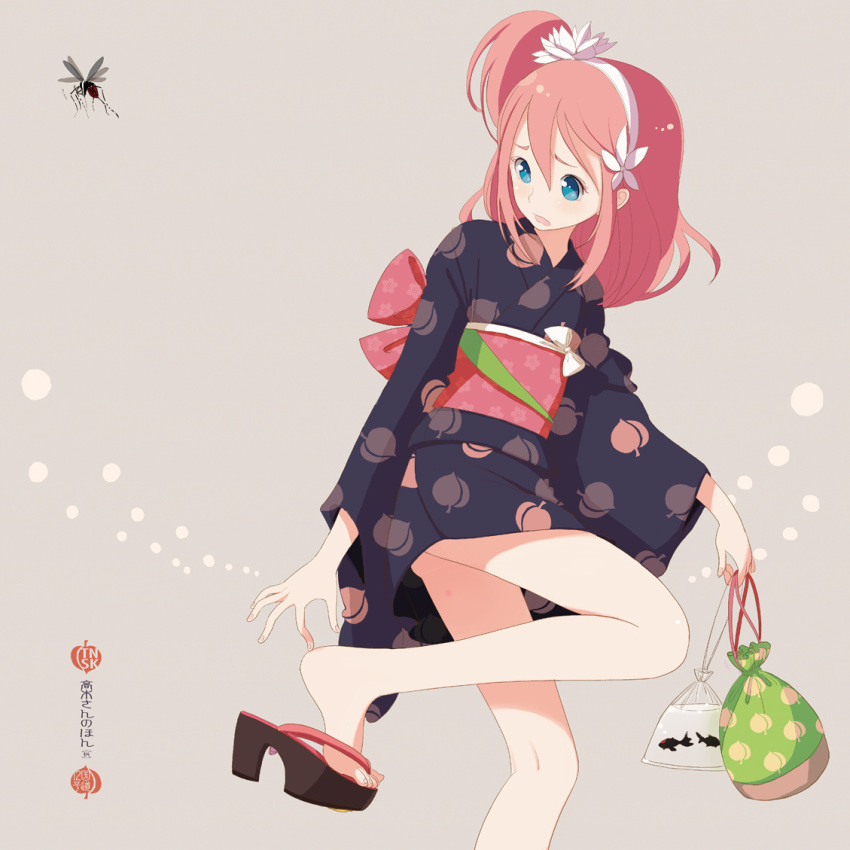 bag, feet, fish, food_themed_clothes, hairband, hands, hands_on_feet, japanese_clothes, kimono, kokudou_juunigou, mosquito, original, pink_hair, sandals, short_kimono, side_ponytail, solo, takagi_(tansuke)