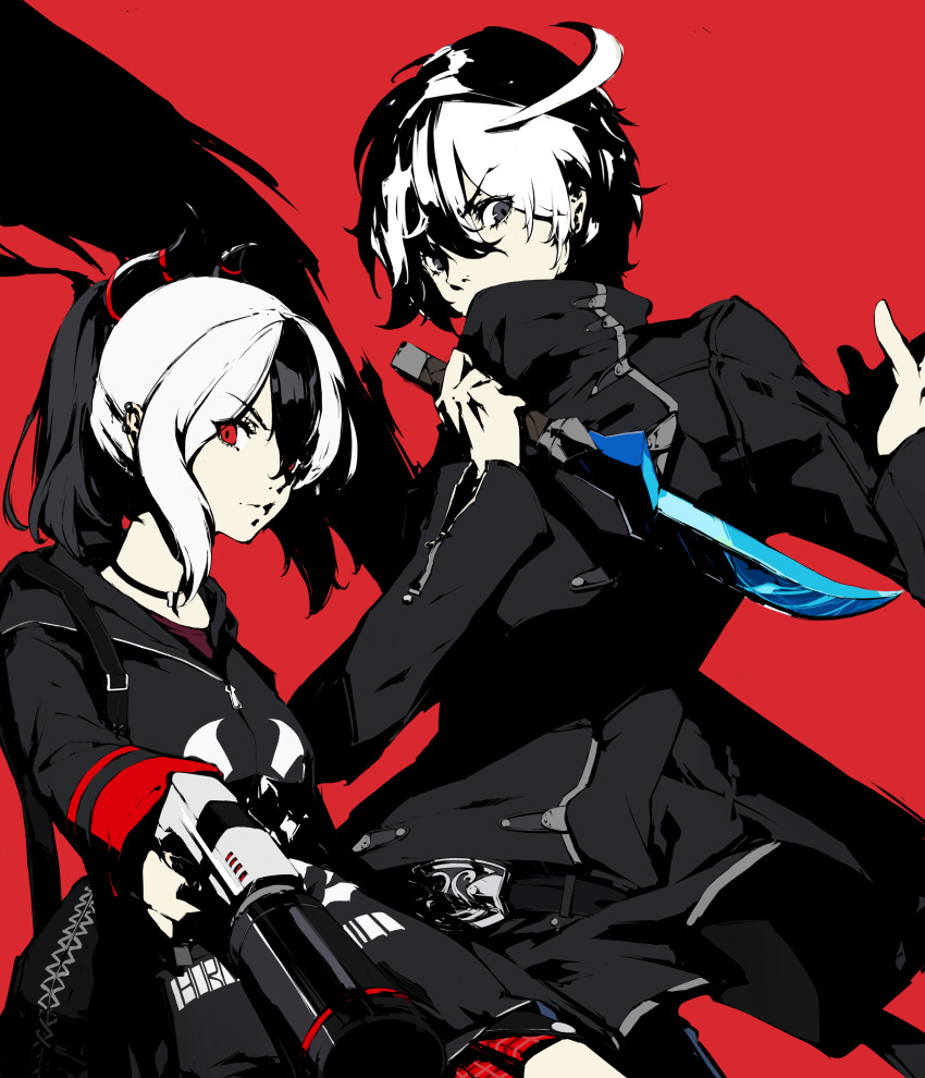 1boy, 1girl, absurdres, backpack, bag, belt, black_coat, black_hair