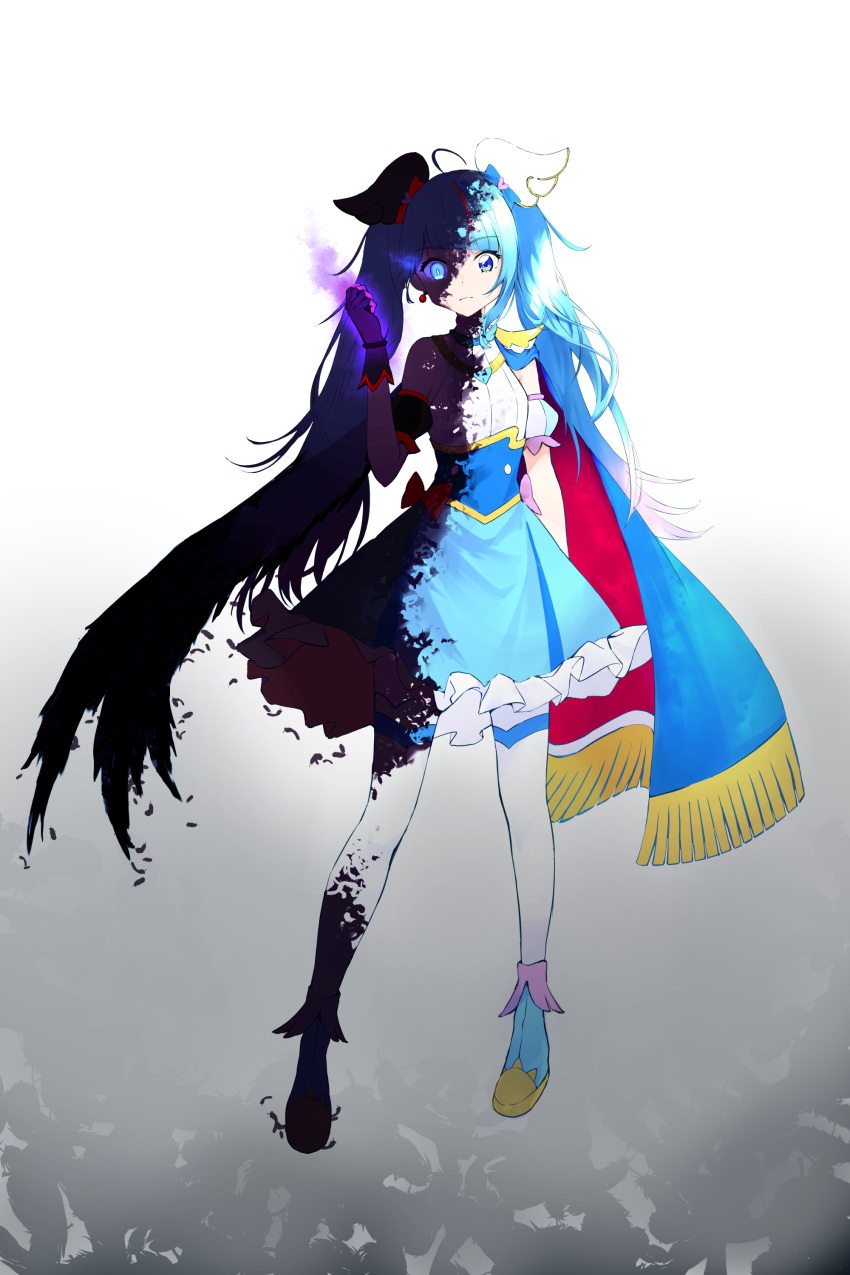 1girl, absurdres, ahoge, black_hair, blue_cape, blue_hair, blue_skirt, cape