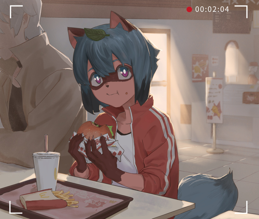 1girl, absurdres, animal_ears, animal_nose, black_shirt, blue_hair, body_fur, brand_new_animal