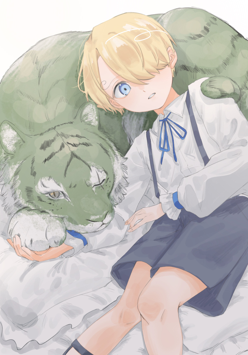 1boy, aged_down, animalization, black_shorts, blonde_hair, blue_eyes, blush, collared_shirt