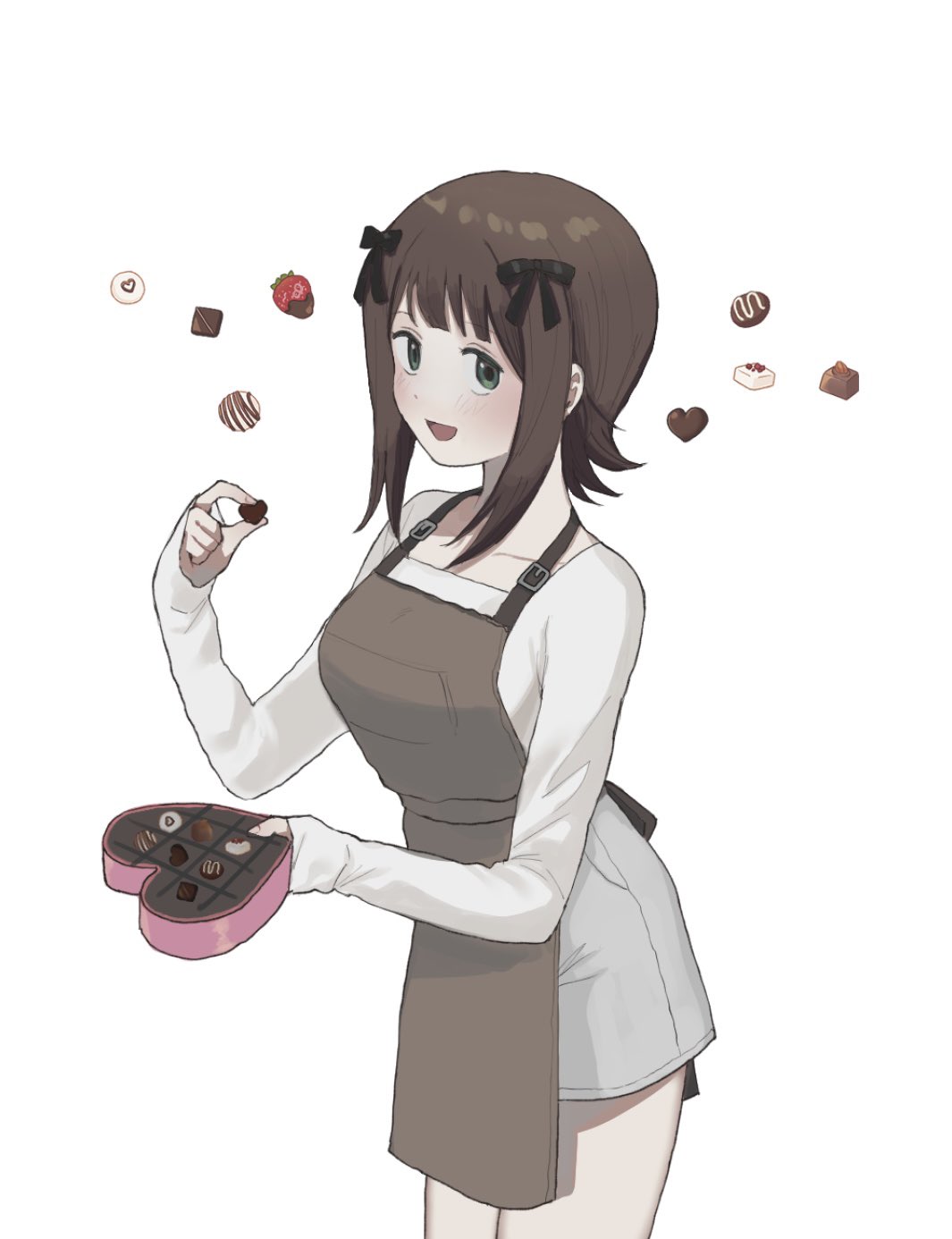 1girl, 8_8ghost, amami_haruka, apron, black_ribbon, blunt_bangs, blush, box
