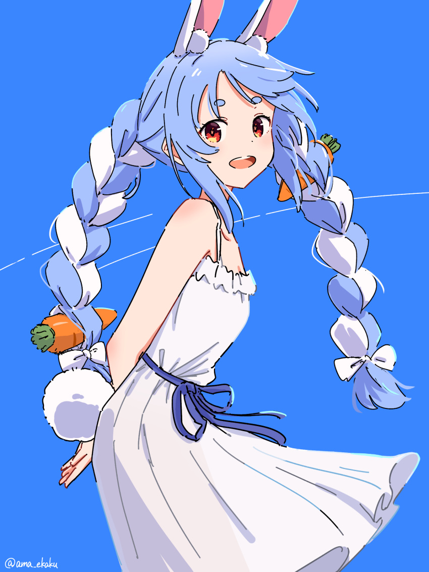 1girl, ama_(ama_ekaku), animal_ear_fluff, animal_ears, black_ribbon, blue_background, blue_hair, braid
