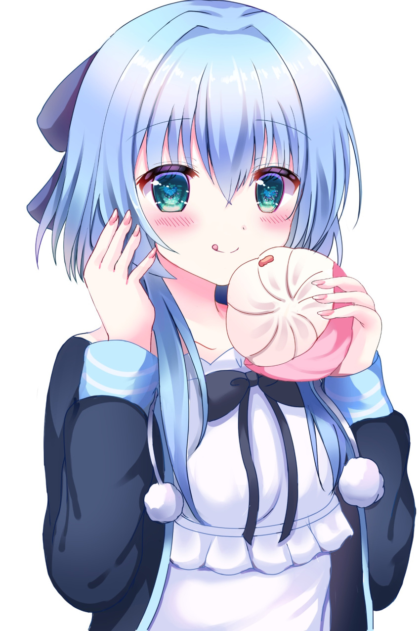 1girl, :q, baozi, black_bow, black_jacket, blue_hair, blush, bow