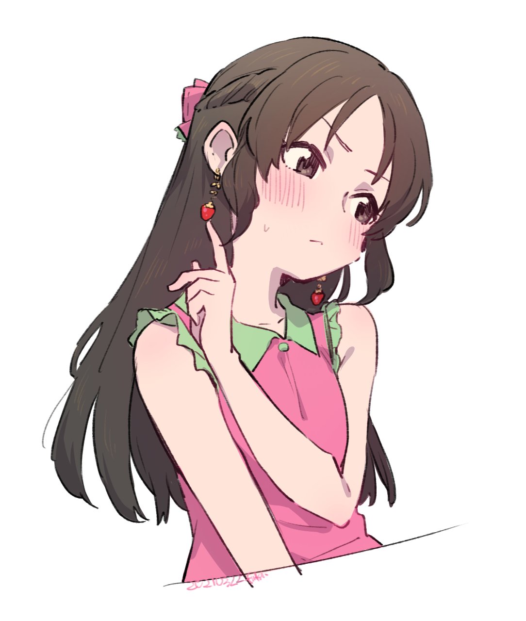 1girl, :<, blush, bow, braid, brown_eyes, brown_hair, cropped_torso